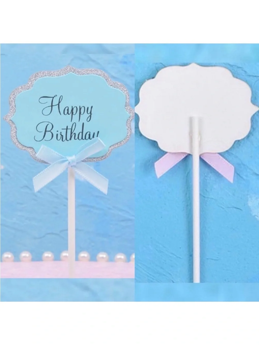 💞 New Pack of 10 Blue & Silver Glitter Happy Birthday Cupcake & Cake Toppers